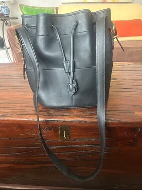 Classic Black Leather Drawstring Bucket Bag